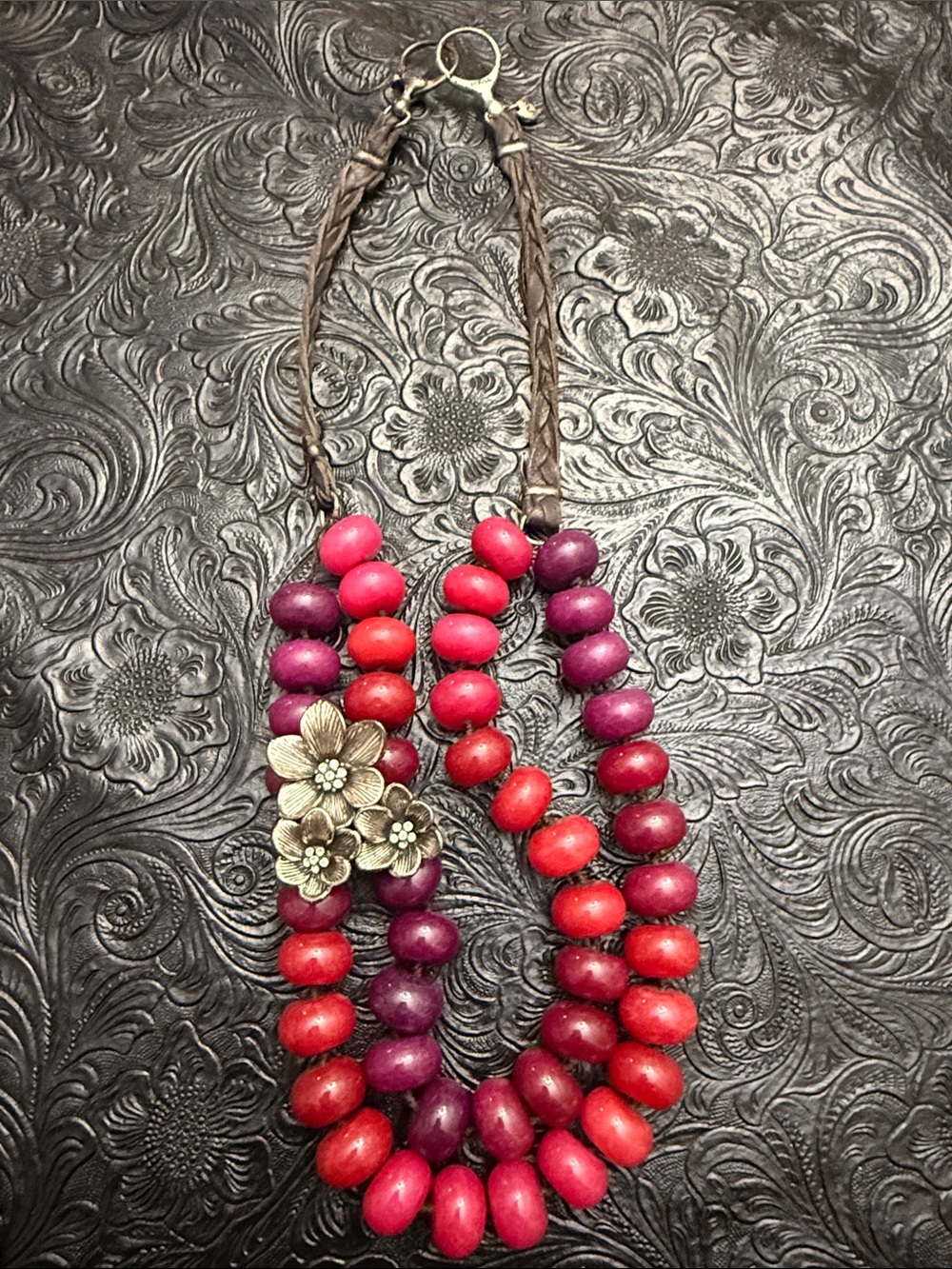 Fossil Red and Purple Triple-Strand Beaded Necklace with Floral Accent